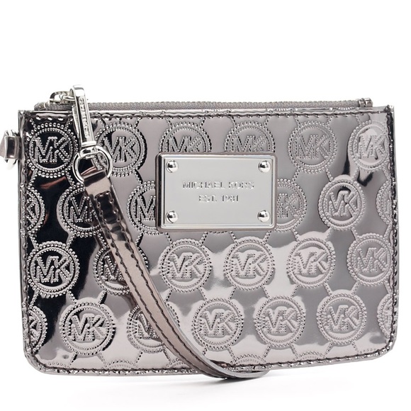 Michael Kors Handbags - Michael Kors Monogram Silver Metallic Wristlet MK
